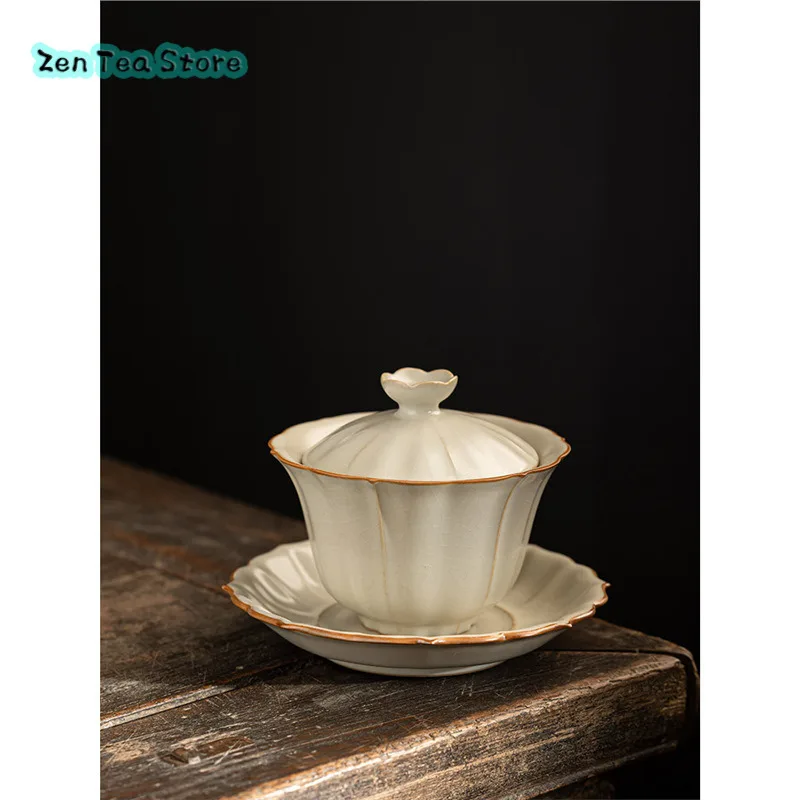 Retro Beige Ru Kiln Three Cover Bowl Teacup Open Piece Can Raise Large Capacity Tea Bowl Ceramic Home Kung Fu Tea Set