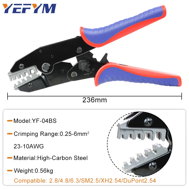 XH2.54/SM2.54/3.96/2.8/4.8/6.3/OT D-sub Terminals Conenctors 0.25-6mm²/23-10AWG Open Barrel Tools YF-04BS Crimping Pliers YEFYM