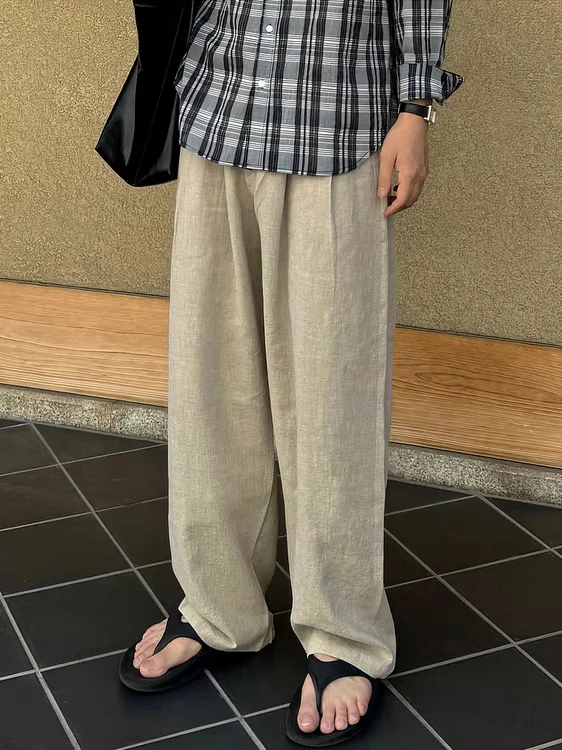 

Повседневные мужские широкие брюки из хлопка и льна, свободный крой, дышащие тонкие брюки для костюма, прямые длинные брюки, молодежная энергия