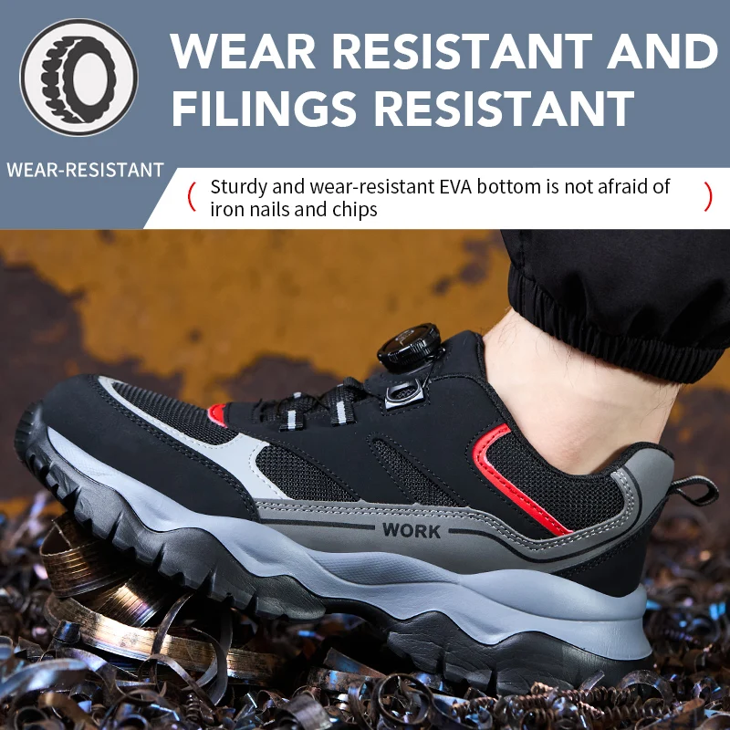 Steel Toe Lightweight Breathable Sneakers for Men Anti-smash Anti-puncture Protection Safety Shoes Rotating Button Work Shoes