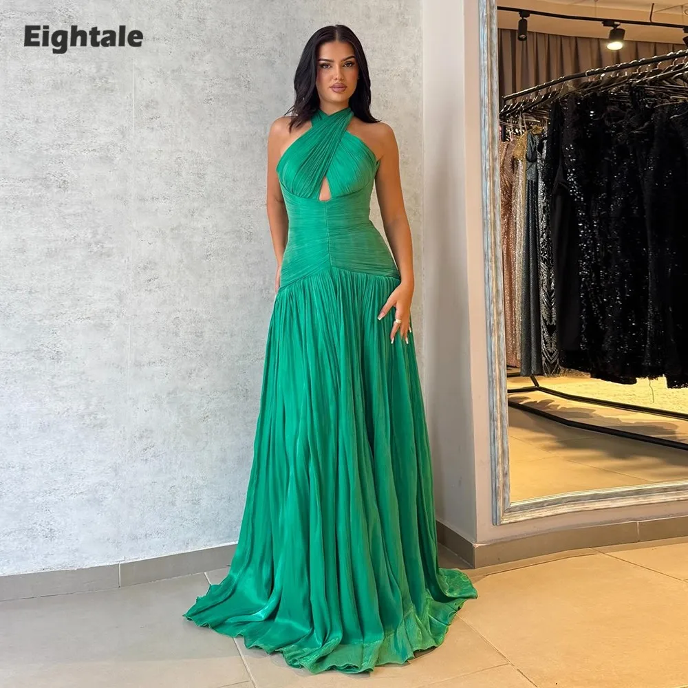 

Eightale Arabic Evening Dress Halter Pleats Crepe Customized Green Muslim A-Line Prom Wedding Party Gown