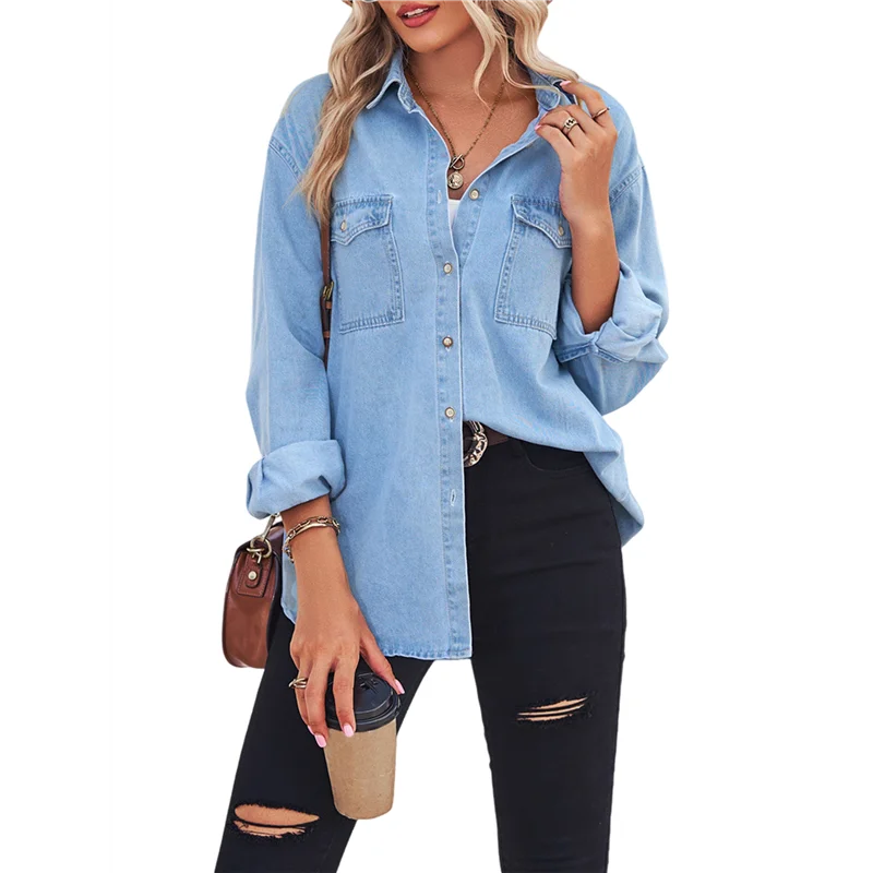 ABP-Women Button Down Denim Shirts Casual Long Sleeve V Neck Chambray Blouse Top
