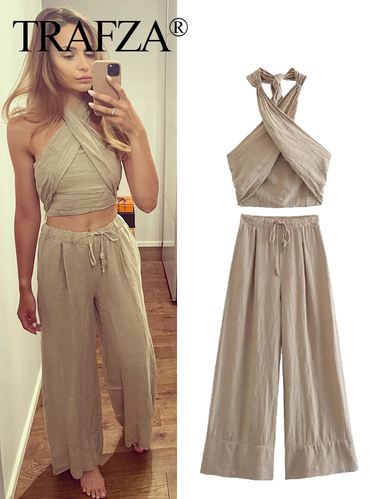 

TRAFZA Women Fashion Suit Backless Halter Top Y2k Sexy Strapless Sleeveless Strap+Straight Casual Oversized Loose Trouser