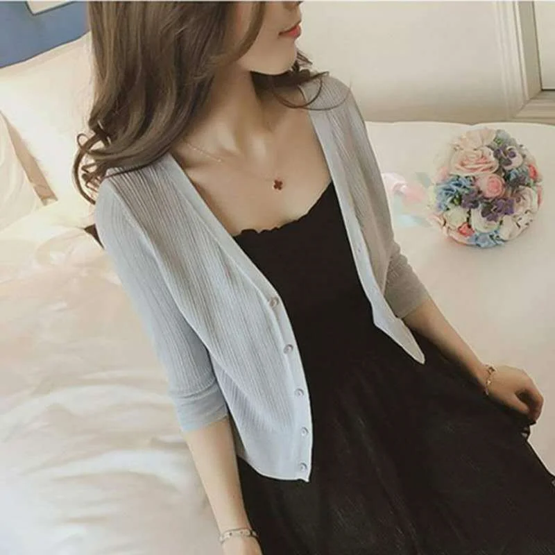 Summer Female short Three-quarter Sleeve Ice Silk Knitted Shawl Korean Spring Autumn Joker Thin Coat Women's Sunscreen Cardigan