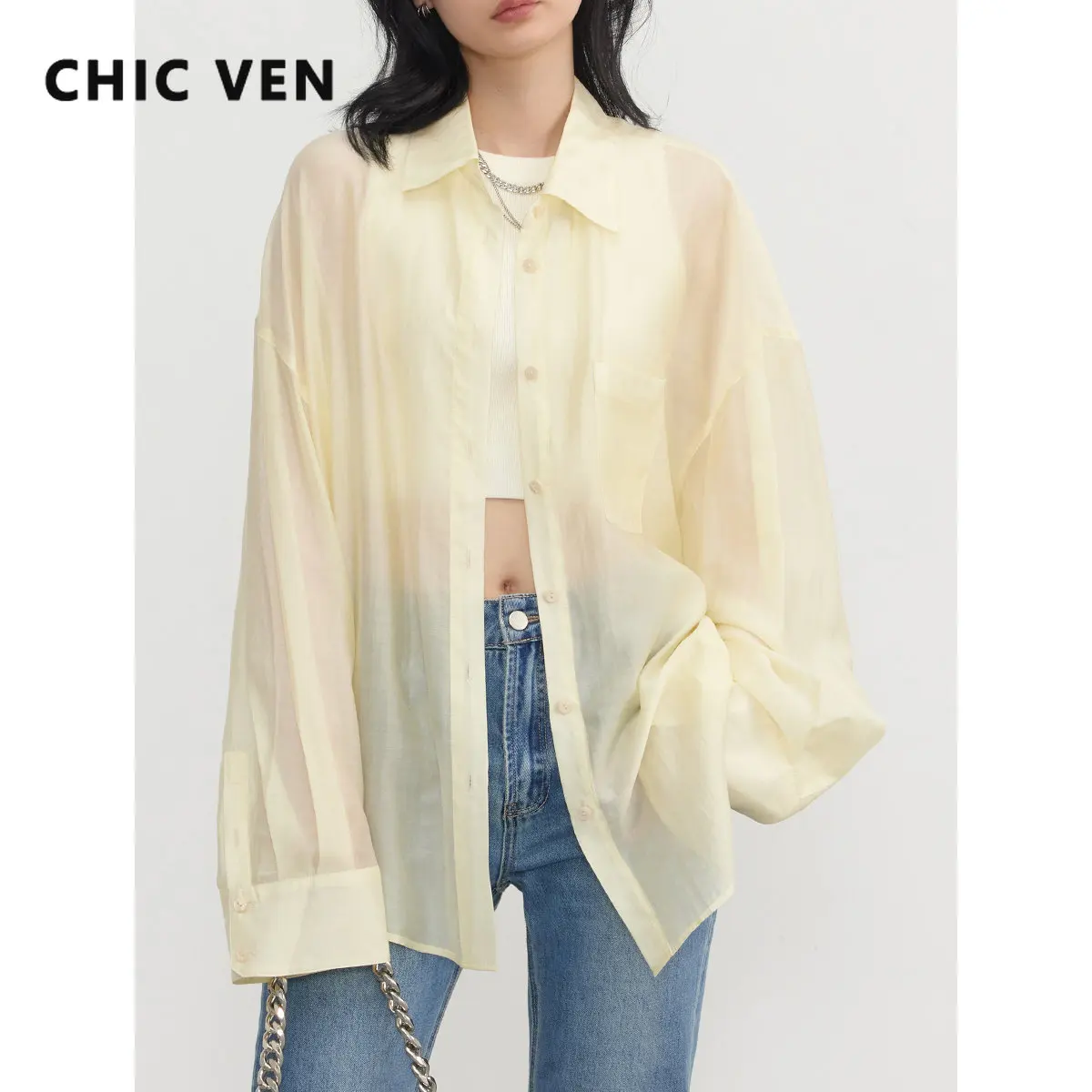 CHIC VEN Fashion Women Shirts and Blouses Solid Long Sleeve Tops Women's Sun Protection Coat Lady Clothes Summer 2023