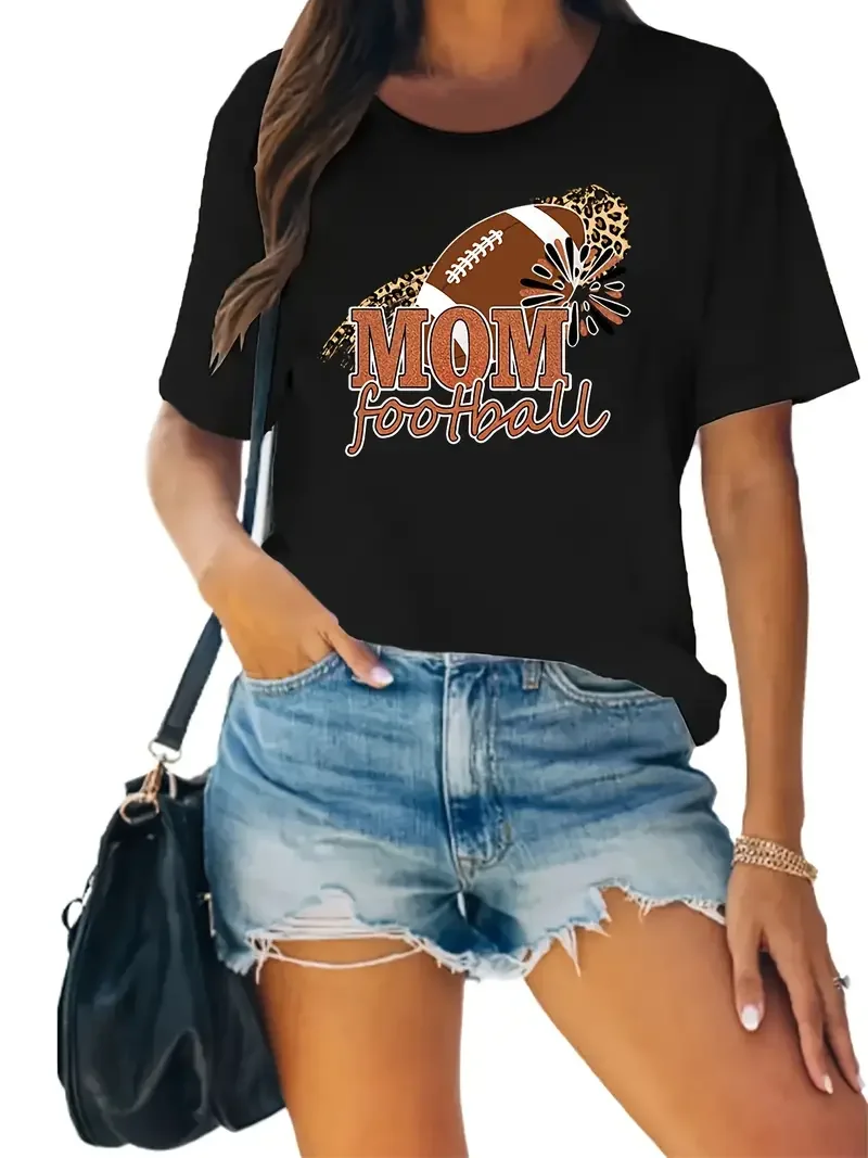 

Mom Football Cartoon Print Short Sleeved Casual Women T-shirt Round Neck Women Graphical Female Summer T shirt Clothing Tee Tops