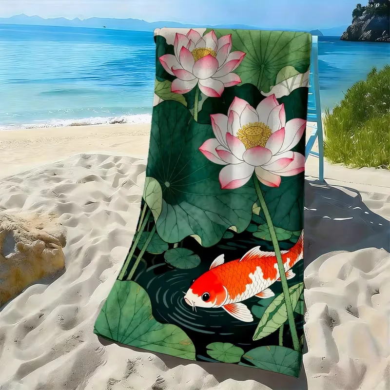 Lotus Leaf Koi Fish Oriental Print Beach Towel Quick Dry Sand Resistant Pool Towel Vintage Summer Beach Towel
