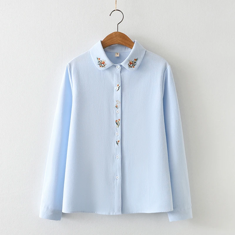 مطرزة القطن المرأة قمصان طويلة الأكمام أبيض أزرق 2023 ربيع جديد المرأة عادية فضفاض البلوزات و القمم غرامة الإناث الملابس