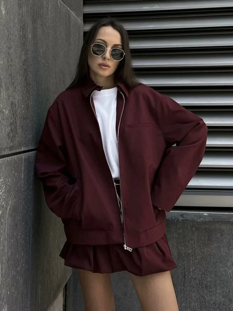 Foridol Loose Causl Burgundy Jacket Women Autumn Winter Zip New Coat Turn Down Collar 2024 Female Veste New Set Outfits