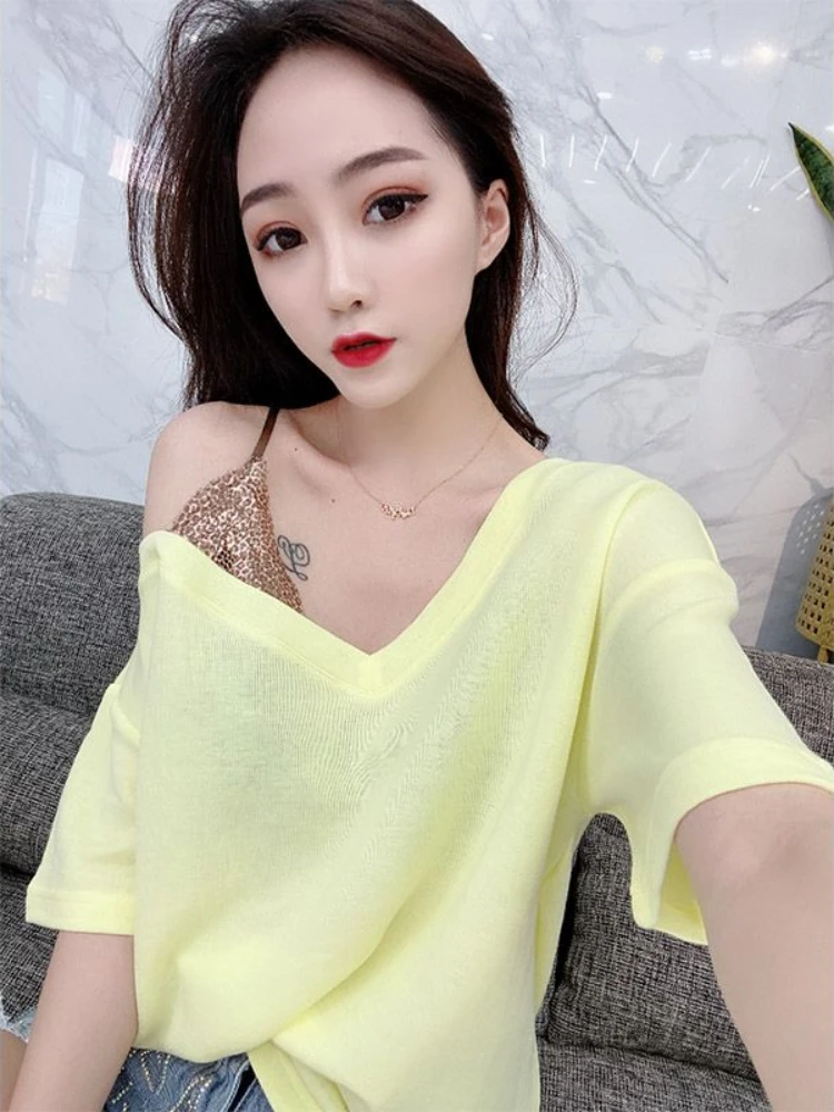 T Shirt for Women Yellow Plain Summer Outfit Coquette Clothes Off Shoulder Sexy Tops Woman Baggy Y2k Korean Popular Youthful Yk2