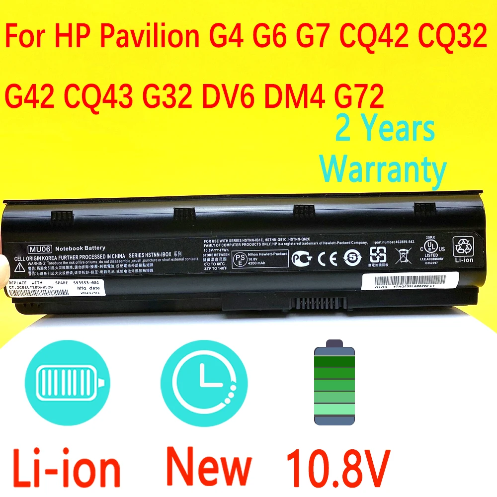 

Аккумулятор MU06 для ноутбука HP Pavilion G4 G6 G7 G32 G42 G56 G62 G72 CQ32 CQ42 CQ62 CQ56 CQ72 DM4 593553-001 593562-001 10,8 в 47 Вт/ч