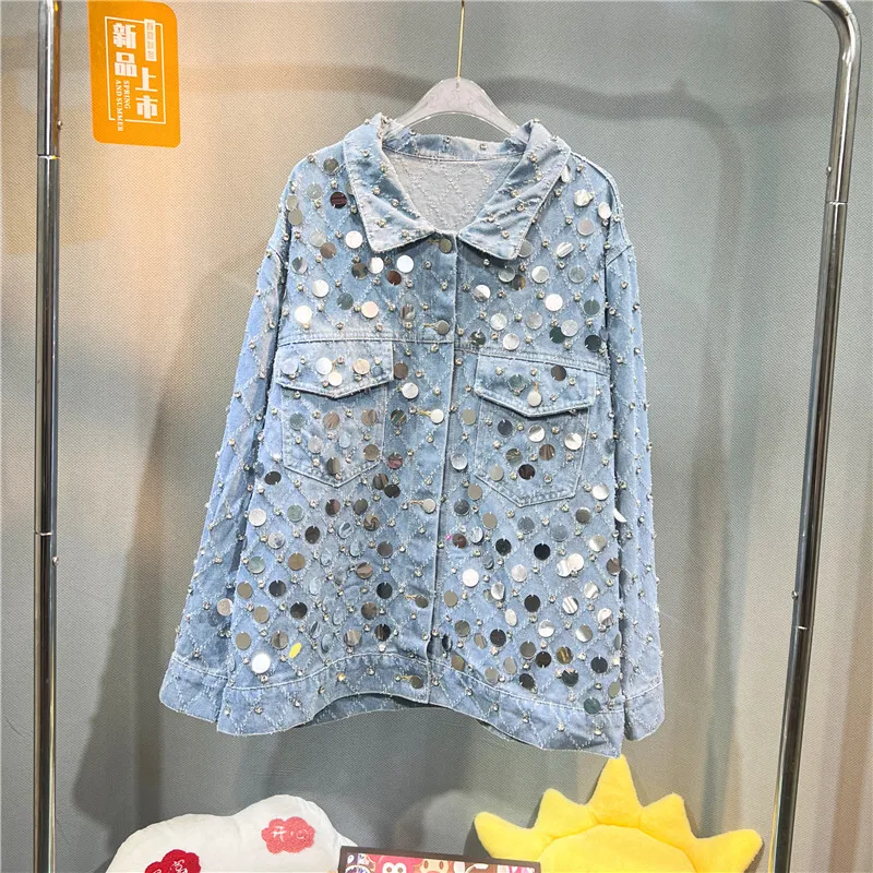 Heavy Work Diamond Sequins Frayed Burrs Denim Jacket Women Spring Loose Casual Lapel Single-breasted Long Sleeve Cowboy Outwear