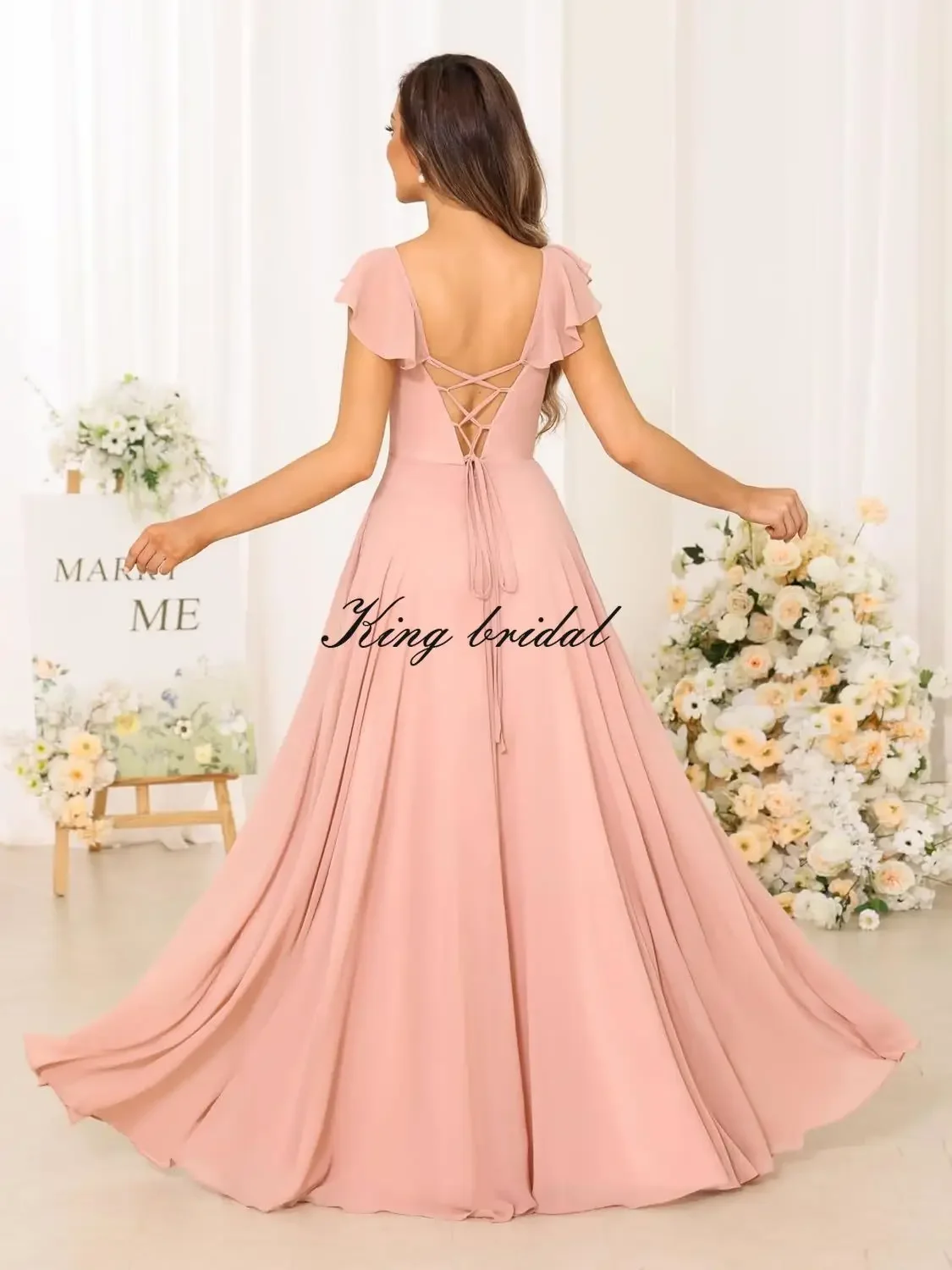 งานแต่งงาน Gowns ผู้หญิงแขนหมวกชีฟองชุดเพื่อนเจ้าสาวยาวกระเป๋า Ruffle ชุดราตรีอย่างเป็นทางการพร้อม Slit