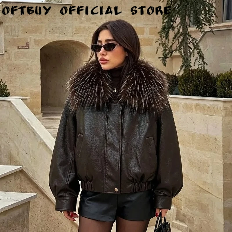 Leather Jacket Women Exclusive Faux Raccoon Fur Collar Brown PU Leather Coat Winter Warm Windproof Insulation Faux Leather Coat