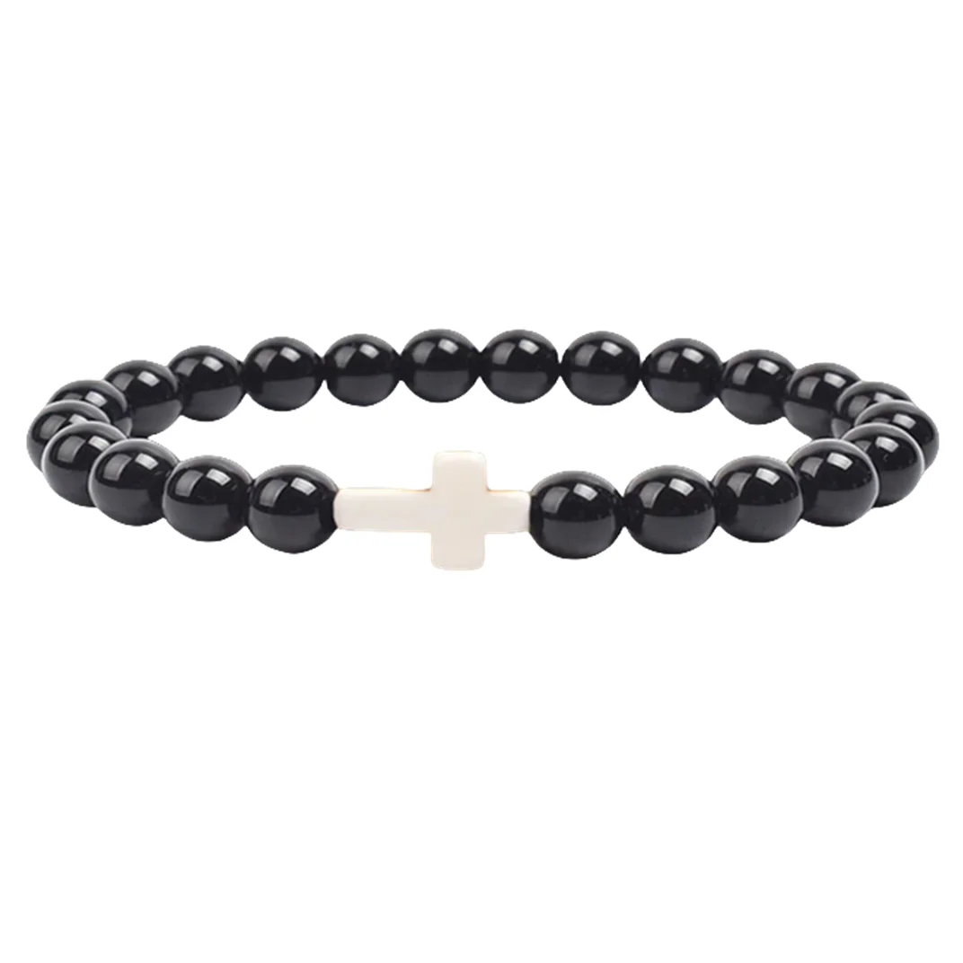 FTCY 8mm Agate Cross Bead Bracelet Men Women Volcanic Stone Yellow Tiger Eye Turquoise Stress Relief Religious Hand Chains Gifts