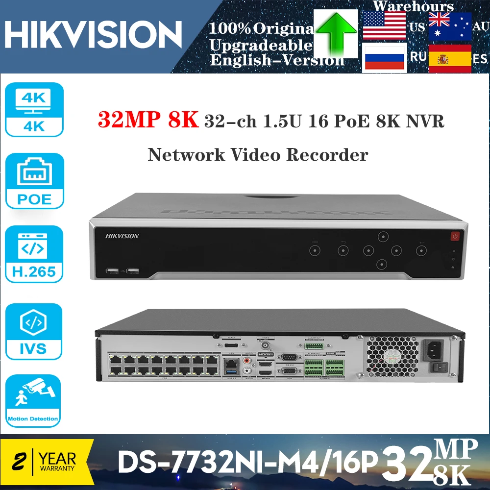 

Original Hikvision 8K 32MP DS-7732NI-M4/16P 32CH 16 POE Ports H.265 4 SATA NVR Network Video Recorder Support Third-party Camera