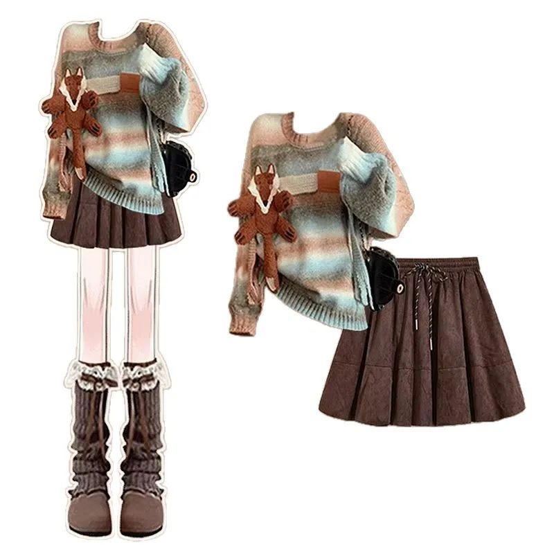 Autumn Western Style Set Women's Dopamine Age Reducing Halo Knitted Top Paired with Small Maillard Short Skirt Two Piece Set