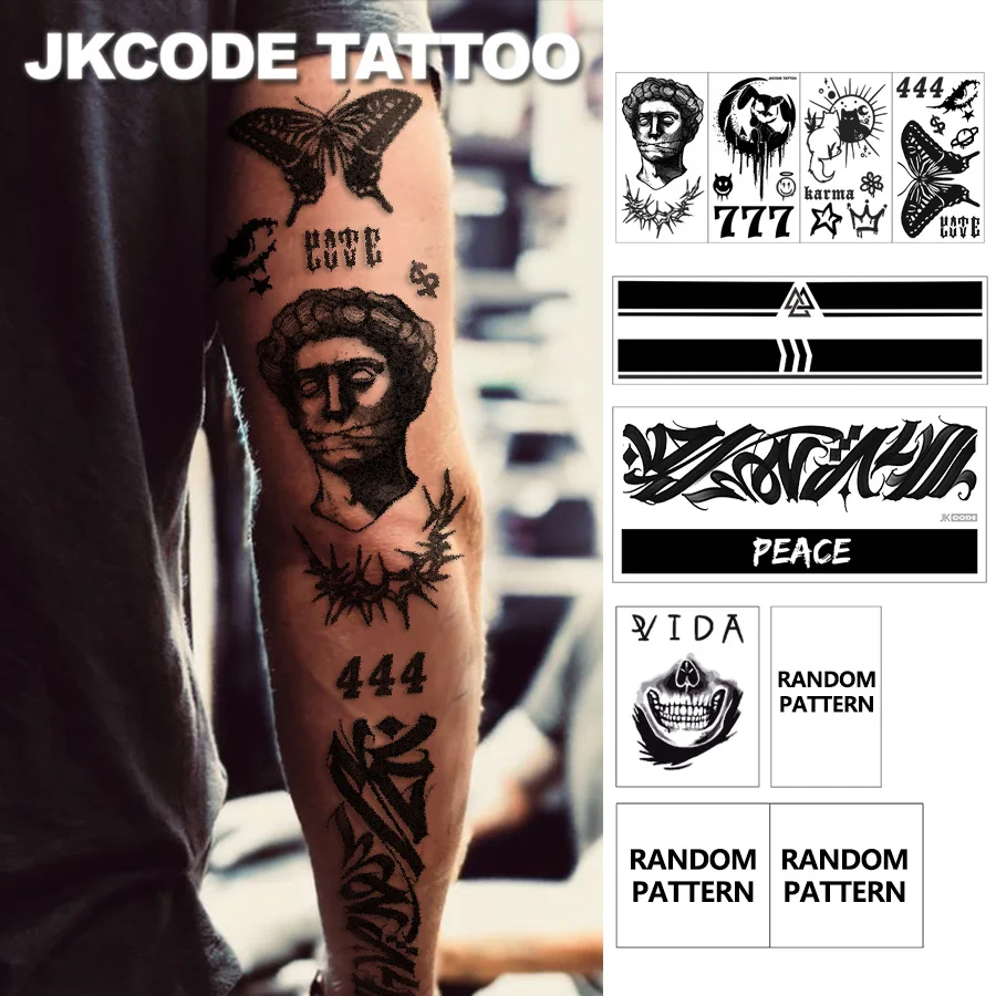 Full Arm Tattoo - Tattooed Back - Dark Gothic Style 10Pcs Set Tattoo - Viking Totem Arm Band Tattoo Stickers - Dual-Use Men's Cartoon Pattern, Women's Couple Style, Geometric Pattern Long Strip Wristband Temporary Tattoo - Lasts 3-5 Days