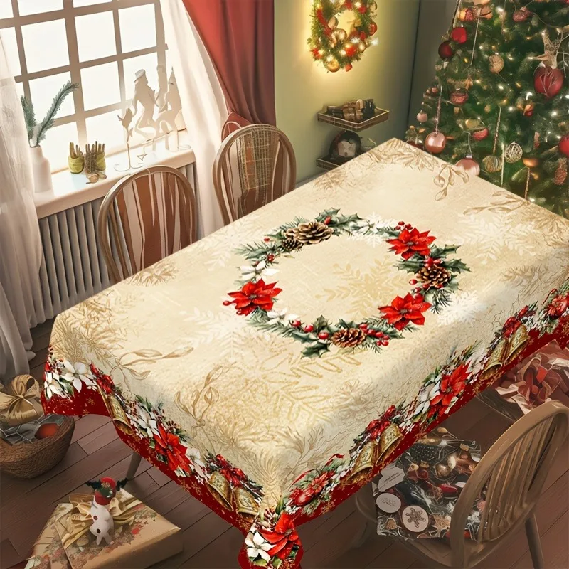 2D Flat Tablecloth, 1pc. A Festive Christmas Tablecloth Adorned with Wreaths, Bells, And Flowers, Paired with a Christmas Tree And Indoor Decorations. A Warm And Cozy Tablecloth for Christmas Holiday Parties, a Dining Table Essential for Celebratory