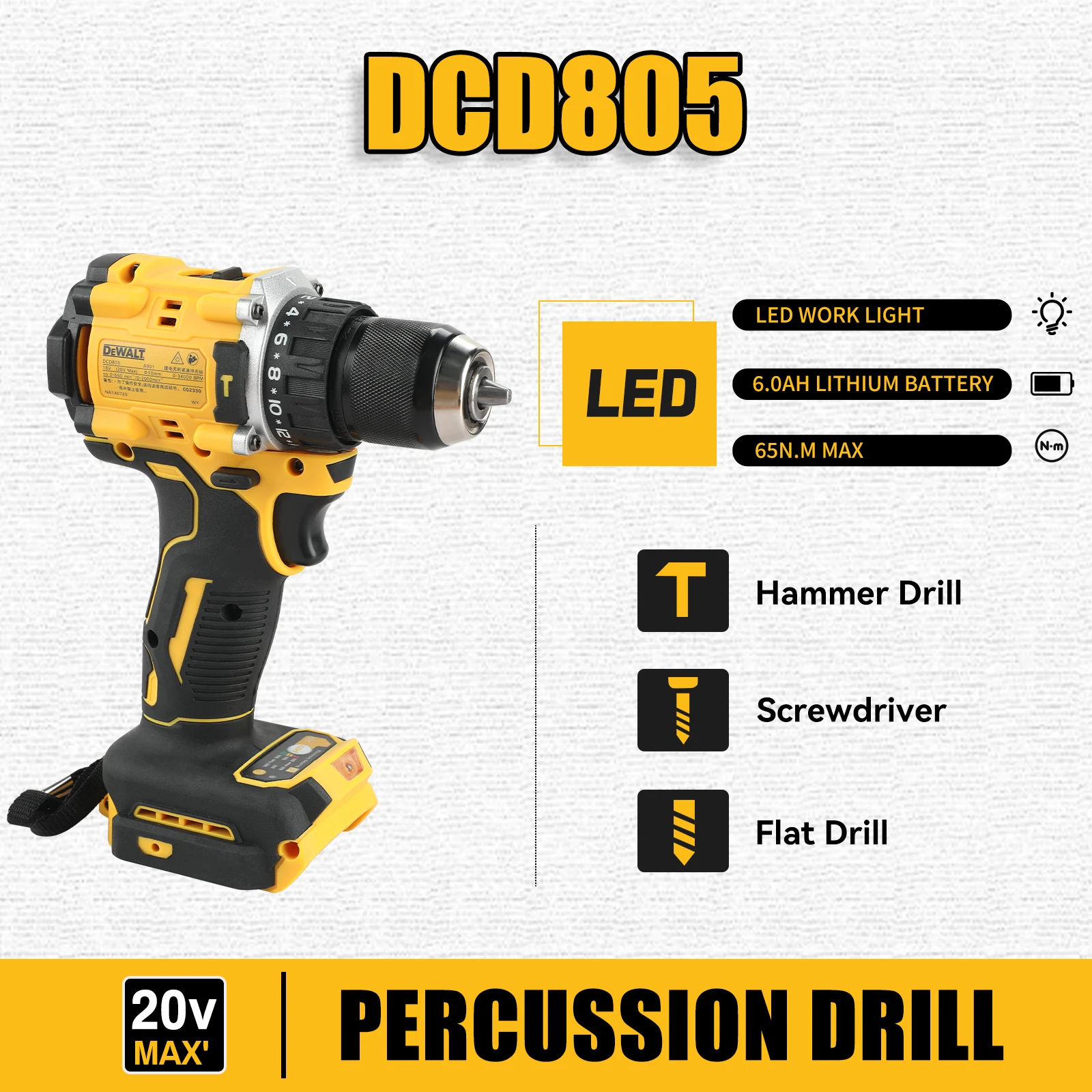 مفك براغي DeWalt DCD805 20 فولت بدون فرش، أدوات حفر مدمجة، مفتاح ربط تأثير البطارية، أداة كهربائية