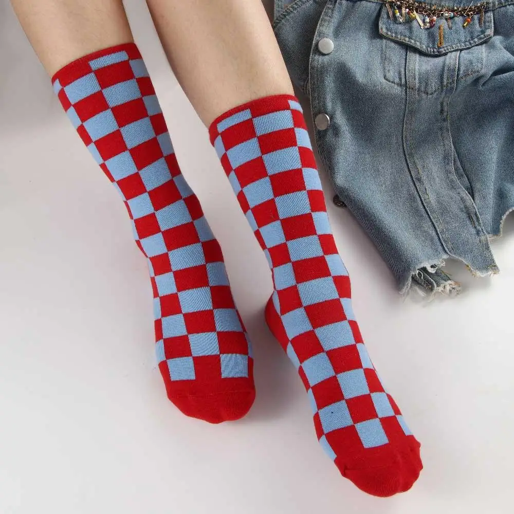 

Breathable Sweet Hip Pop Girls Cotton Geometry Female Hosiery Korea Checkerboard Socks Mid-tube Sock College Style Socks