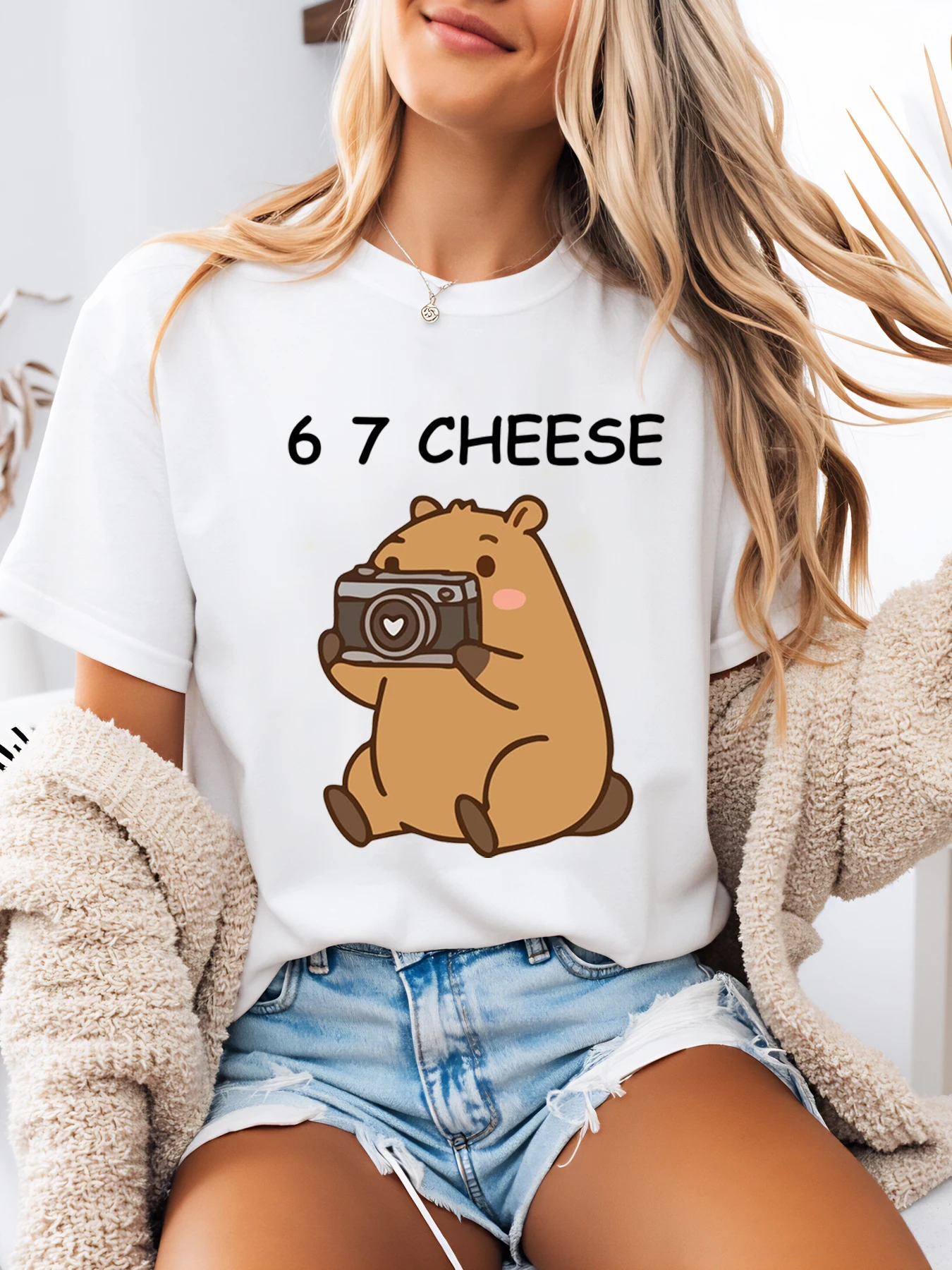 

Женская футболка с милым медведем и камерой 6, 7, повседневная летняя одежда с принтом сыра, белая, больших размеров