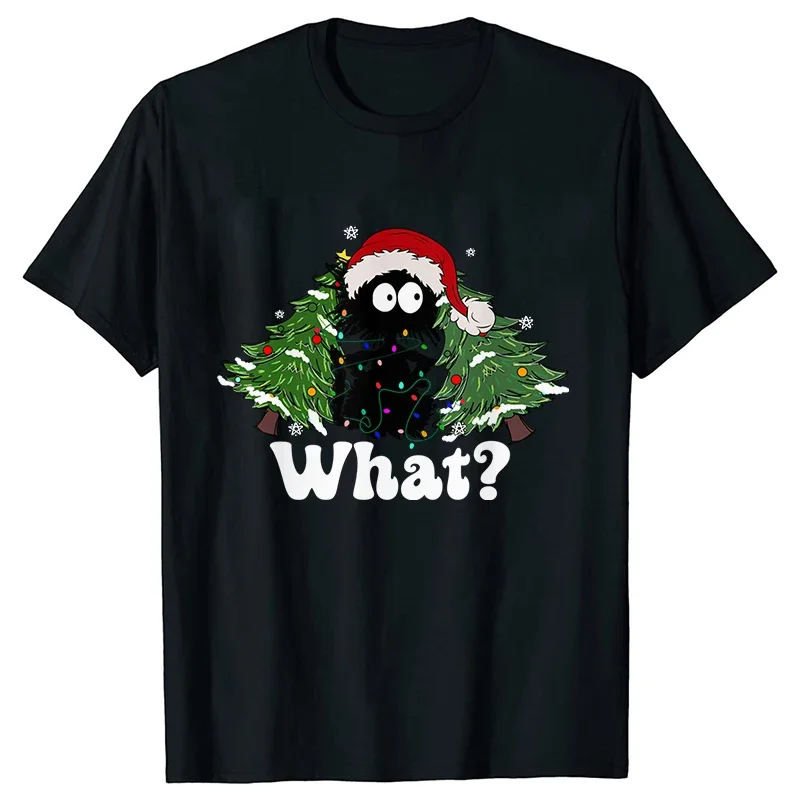 Funny Christmas Women T Shirt Cute Cat What Christmas Tree Y2k Tops Ulzzang Harajuku Short Sleeve Tees Female Aesthetic Clothing