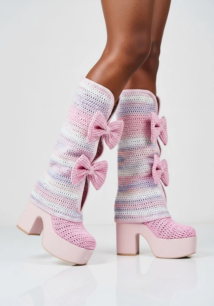 Round Toe Ombre Stripe Crochet Mid Calf Boots  Women Bow Platform Block Heel Pull On Boots