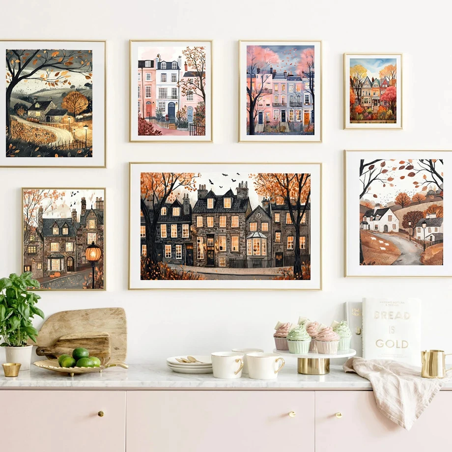 Autumn colors Fallen leaves Ancient building Night in Paris Pumpkin Fashion Wall Art Canvas Painting Nordic Poster Room Decor