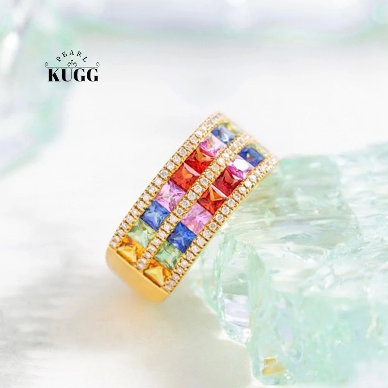 

KUGG 100% 18K Yellow Gold Rings Luxury Elegant Style Shiny Diamond Natural Color Sapphire Ring for Women High Party Jewelry