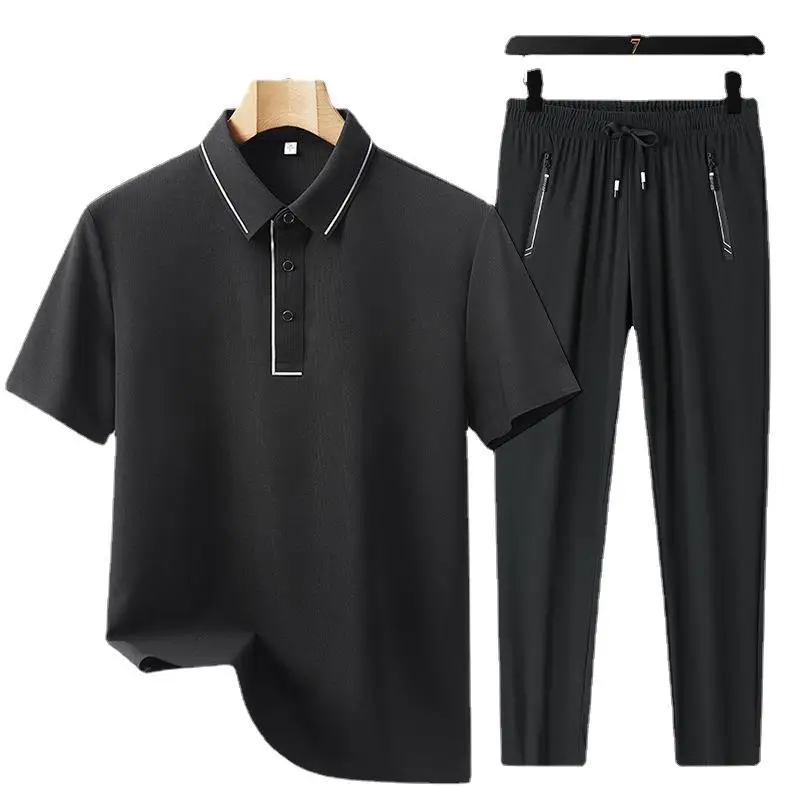 2024 Summer New Fashion Trend Ice Silk POLO Shirt Set Men\'s Casual Relaxed Comfortable Breathable Large Size Two-Piece Set M-5XL