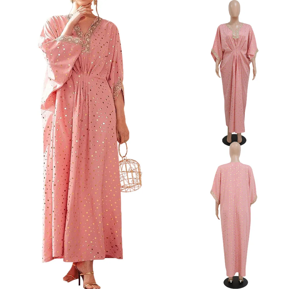 

Middle Eastern Pink Dress Polka Dot Print Kaftan Dress Muslim Embroidery Summer Short Sleeve Dress Party Prom Gown Tunic Dress