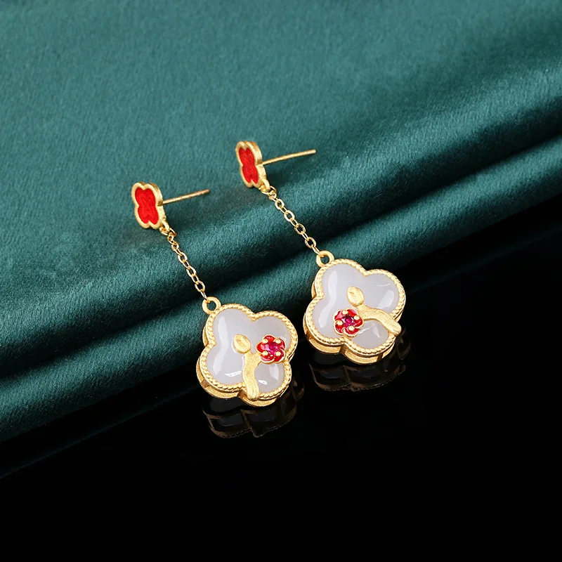 Sterling Silver Needle Imitation Hetian Jade Clover Eardrop Long Epoxy Vintage Flower Earrings for Women Cute Earrings for Women