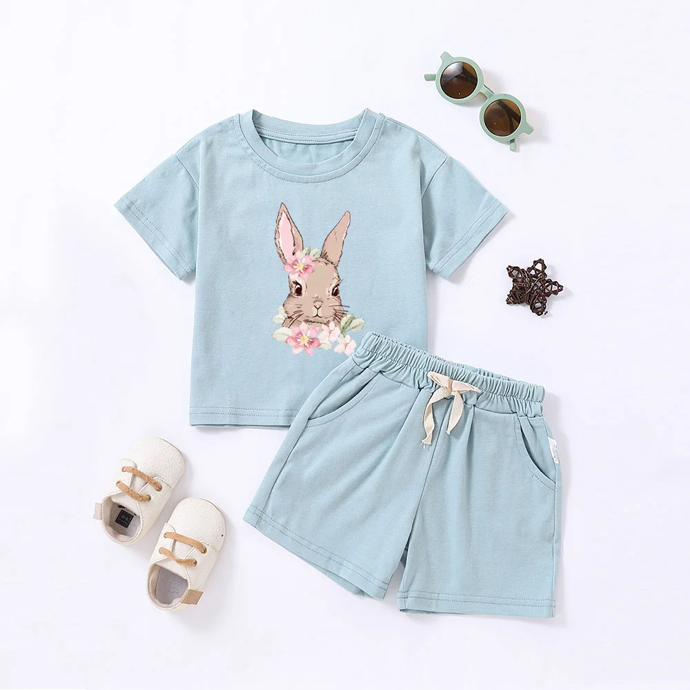 Hot Selling Children\'s Printed Summer Set Cute Rabbit Baby Boy And Girl Summer Clothing Children\'s Pure Cotton T-shirt Set