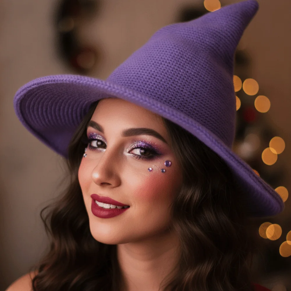 Knitted Witch Hat Pointed Top Solid Color Wizard Cap Crochet Texture Flexible Shape Pointed Bonnet Halloween Party