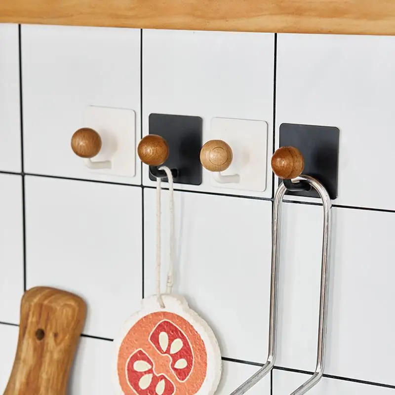 Bamboo white wooden ball hook, no punching, strong load-bearing, traceless sticky hook, kitchen door back coat hook, coat hook