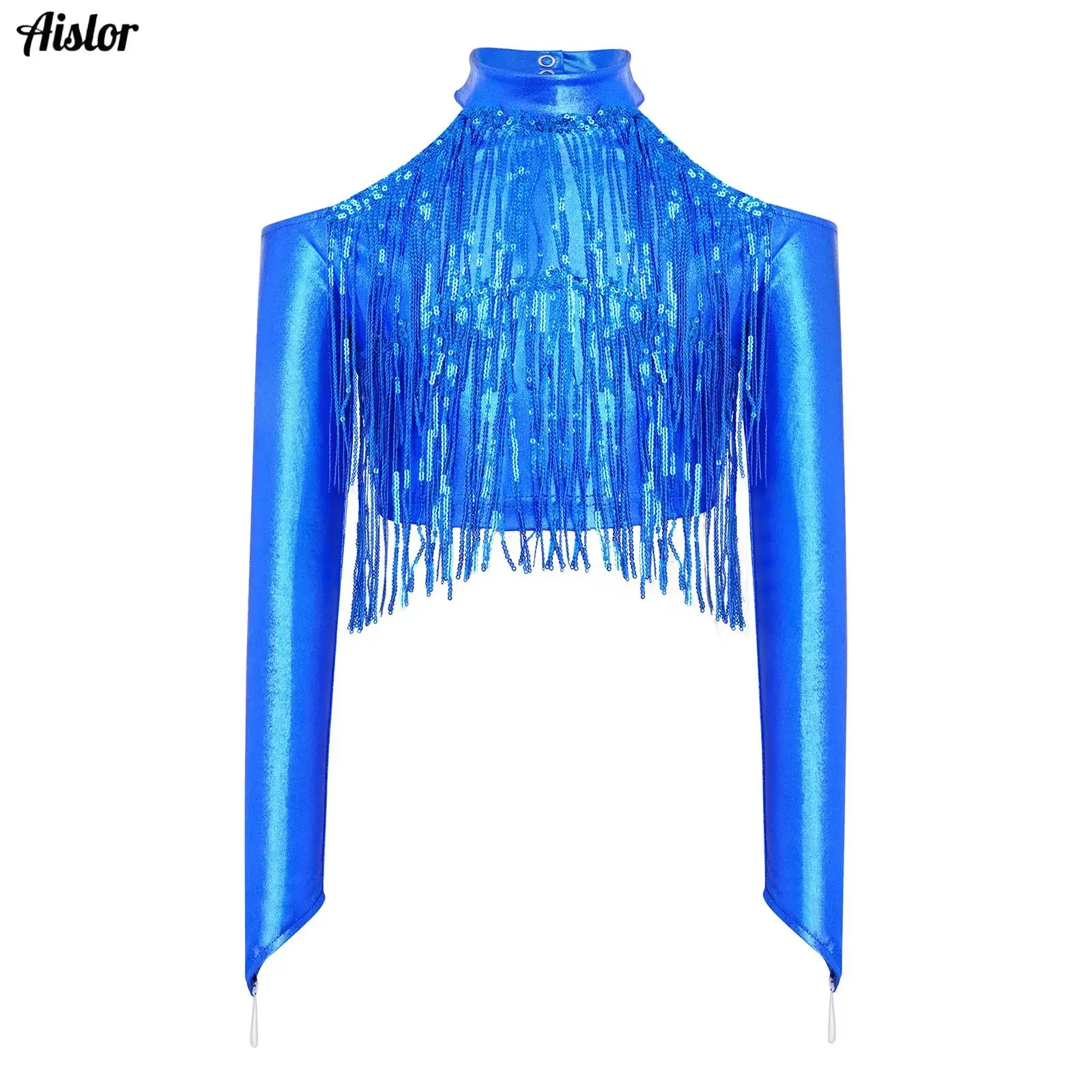 

Shiny 70S Disco Hippie Jazz Dance Costume for Kids Girls Cold Shoulder Long Sleeve Finger Holes Crop Top T-shirts Tees Stage