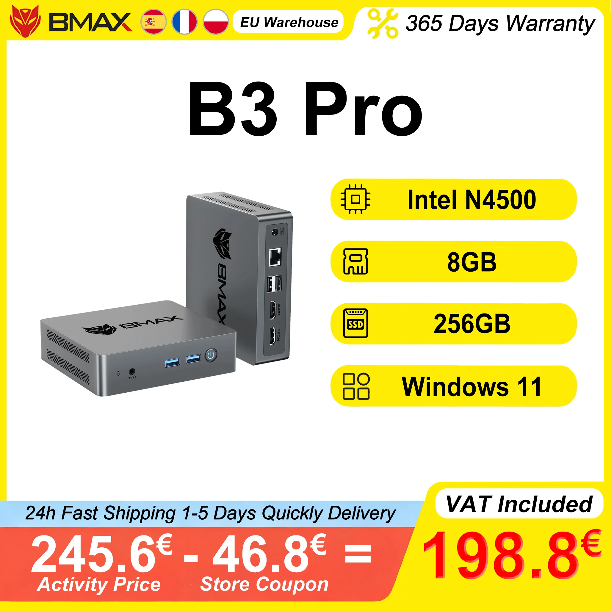 BMAX B3 Pro Mini PC Intel N4500 8GB RAM 256GB SSD Windows 11 PC HDMI USB Wi-Fi Ondersteunt 4K@60Hz Intel HD Graphics