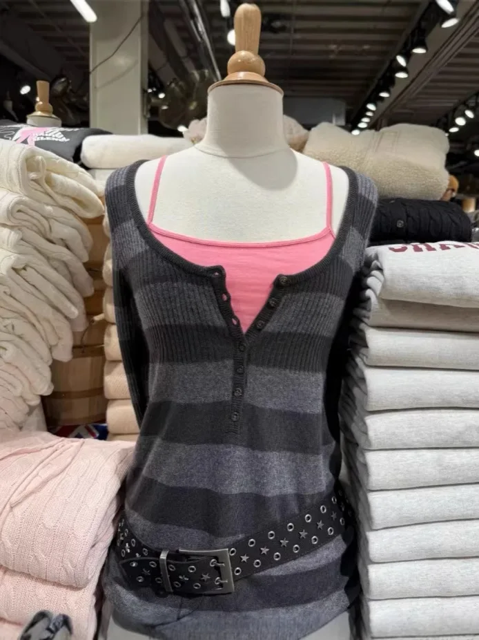 

Женский хлопковый трикотажный пуловер в полоску с квадратным вырезом, длинными рукавами и необработанным краем, в винтажном стиле преппи, милый свитер для уличной моды