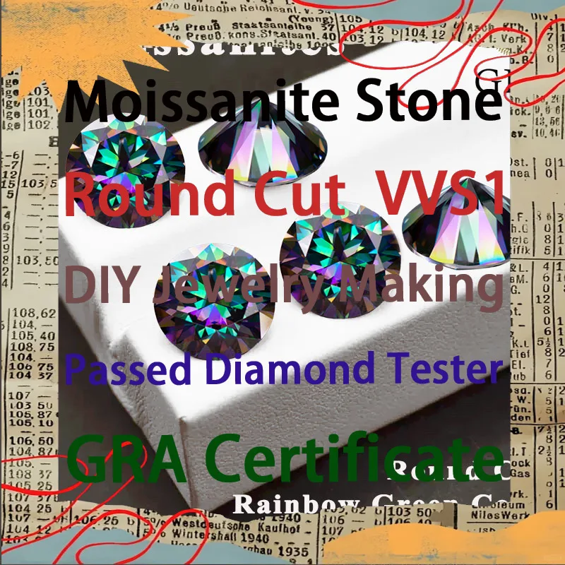 Moissanite Stone Gemstone Round Cut Rainbow green Color VVS1 for Jewelry Making Eight Hearts and Eight Arrows GRA Certificate