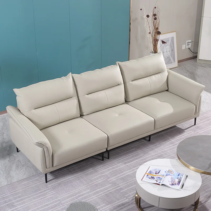 

Simple modern leather sofa beige living room small apartment three-person high backrest straight row sofa leather advanced