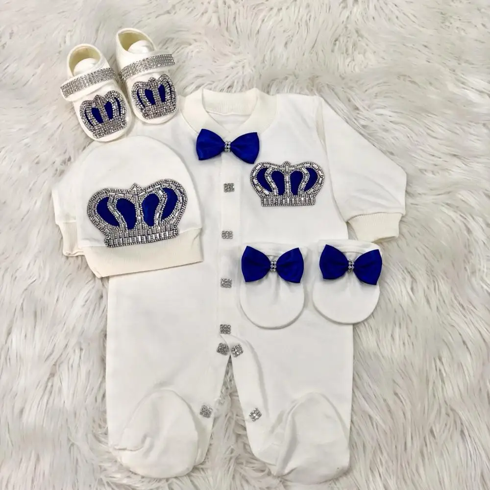 Dollbling Royal Bling Jewelry Crown Gift Clothing Sets Welcome Home Baby Rompers Mittens Bonnet Pajamas Outfit 4pcs Layette