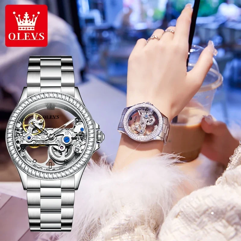 3Pcs/Set OLEVS 6699 Transparent Women Mechanical Watches Luxury Automatic Movement Stainless Steel Waterproof Hollow Watch Woman