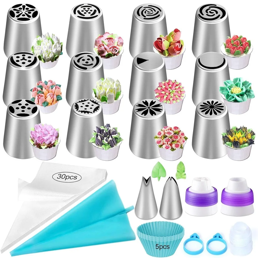 

55 Pcs Russian Piping Tips Cake Decorating Set Baking Supplies Set Cupcake Rosette Stainless Steel Nozzle Frosting Pastry Cake