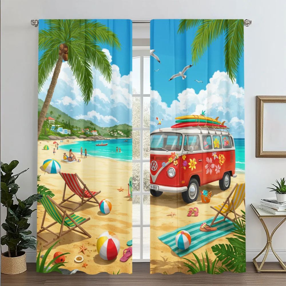 

2pc, Curtain Beach Summer Blackout Polyester Festive Wall Decor Use for bedroom and living room decoration