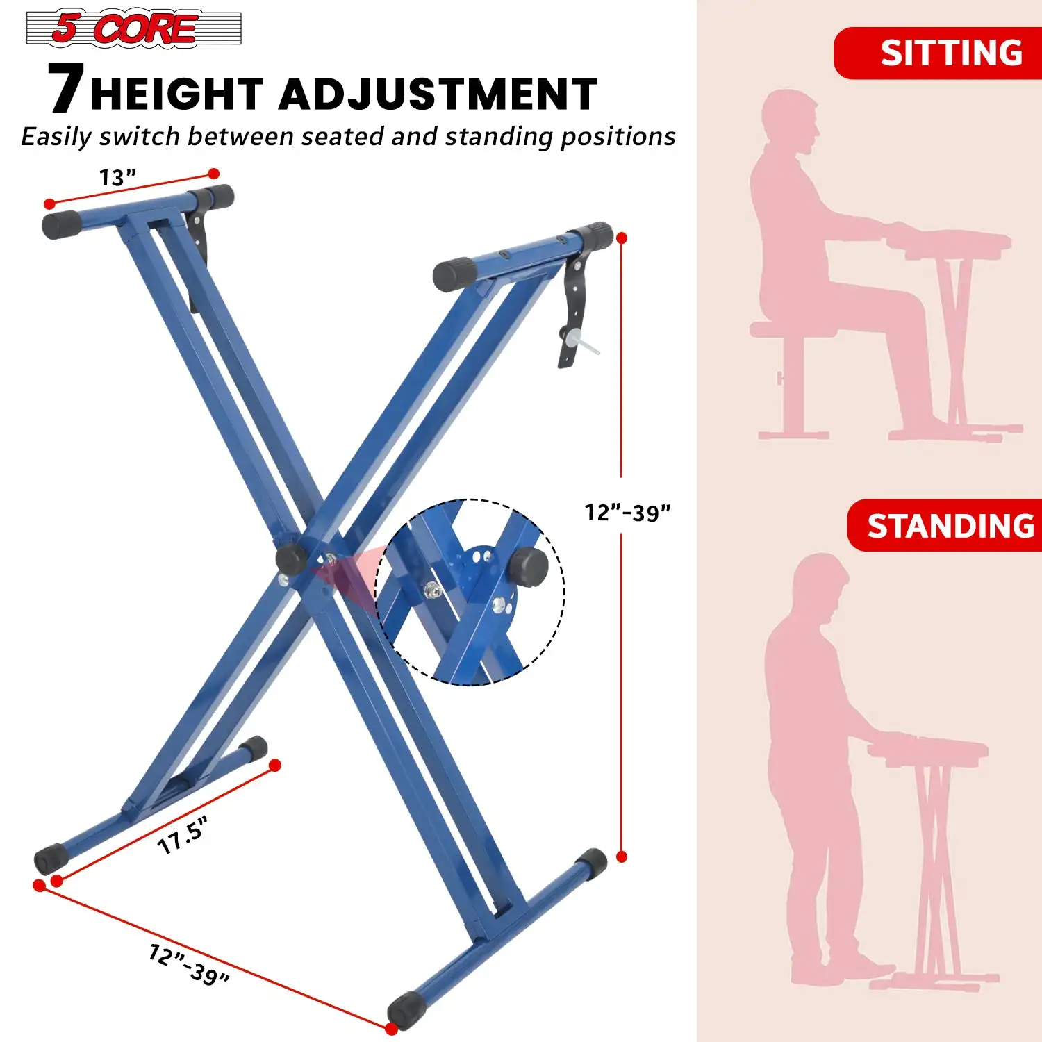 5Core Keyboard Stand Double X Style Adjustable Lift Piano Riser For 49 - 88 Keys KS 2X BLU