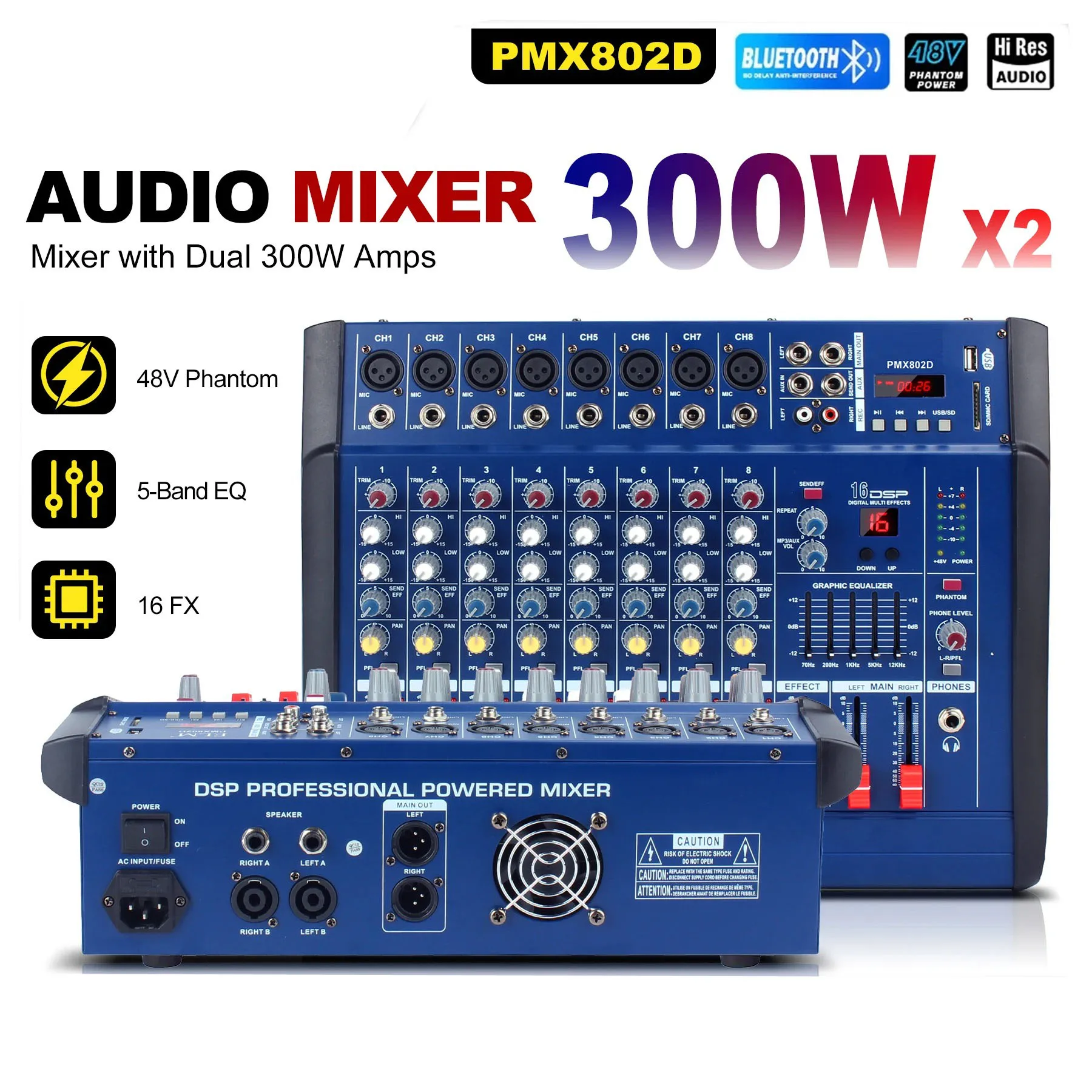 4/6/8/10/12CH Powered Mixer 2x300W Bluetooth 16 DSP Effects 48V Phantom Power 2-Band EQ Live Streaming Karaoke Church view 4