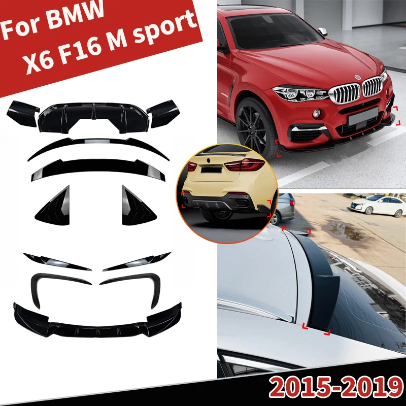 

For BMW X6 F16 M Sport 2015-2019 Front Bumper Lip Rear Diffuser Car Top/Mid Spoiler Wing Louver Window Front Wing Knife Bady Kit