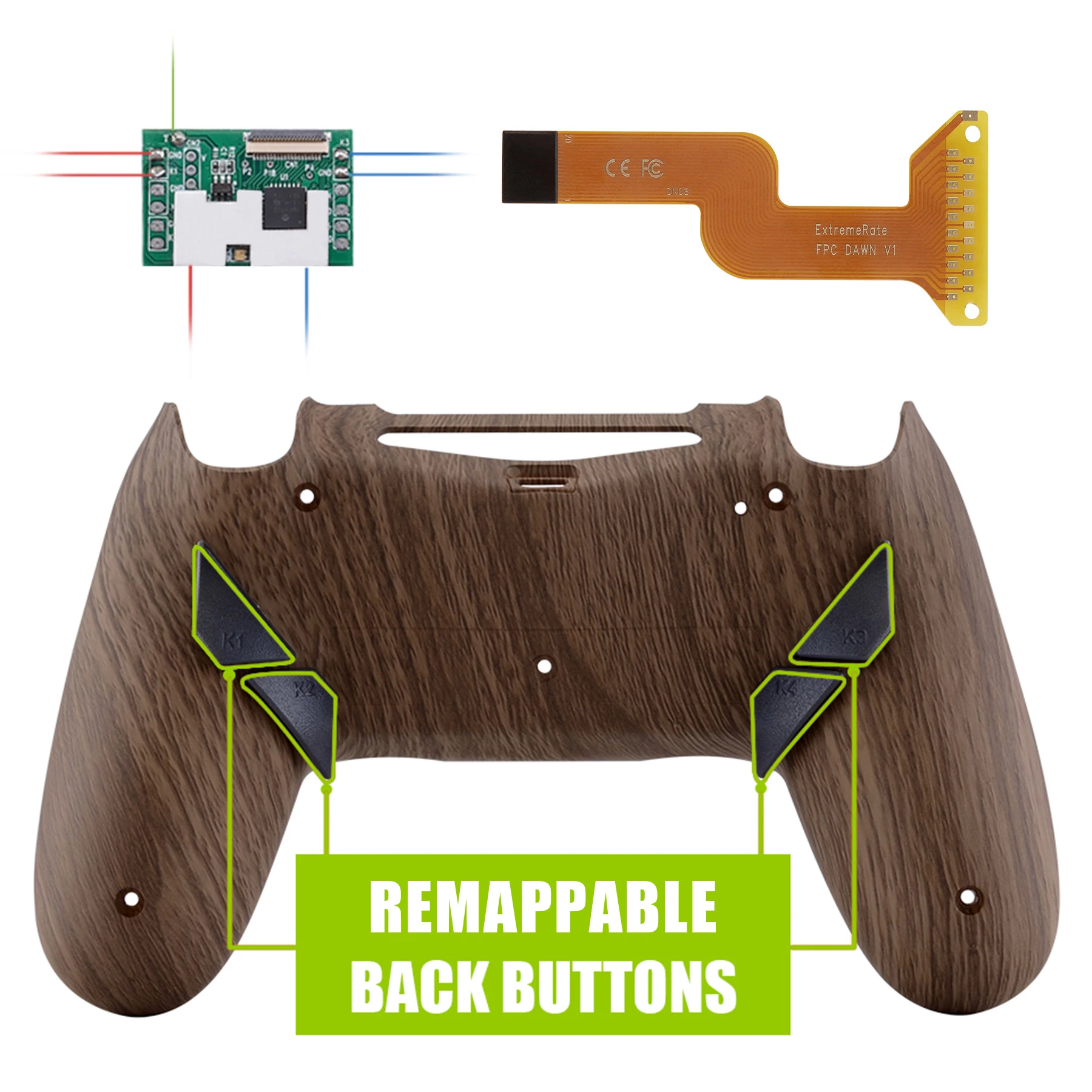 eXtremeRate Dawn Remappable Remap Kit for PS4 Slim Pro Controller with Custom Back Shell & 4 Back Buttons - Wood Grain