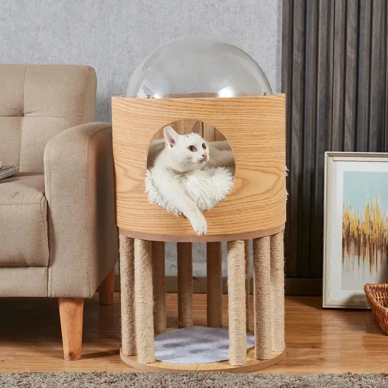 

Cat Transparent Space Capsule Cat Nest Climbing Solid Cabin Capsule Wooden Delivery Room Four Seasons Universal Pet Supplies